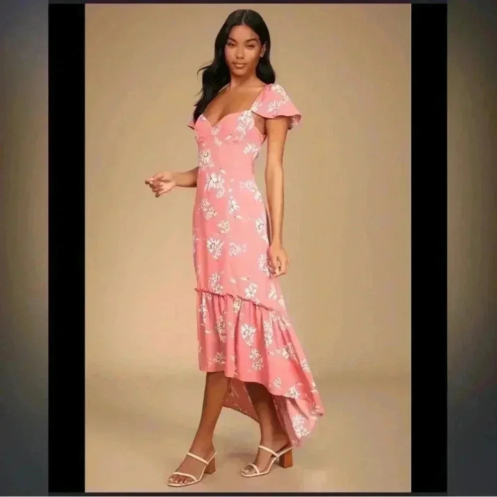 Hello to Love Pink Floral Print Lace-Up High-Low Maxi Dress Size Small